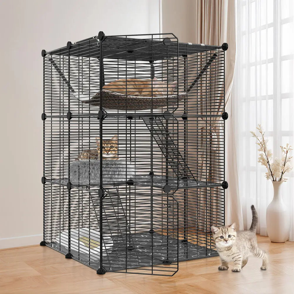 3-Tiers Cat Cage Enclosure Metal Wire Kennel Playpen w/ Hammock for 1-2 Cats