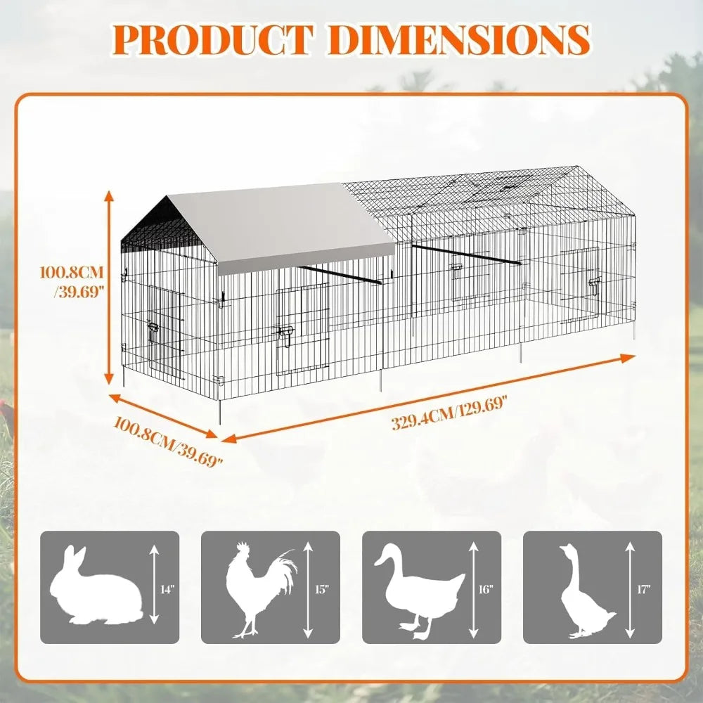 Metal 130”x 40”x 40” Portable Walk-in Poultry Cage, with 4 Doors & 1 Window, Outdoor