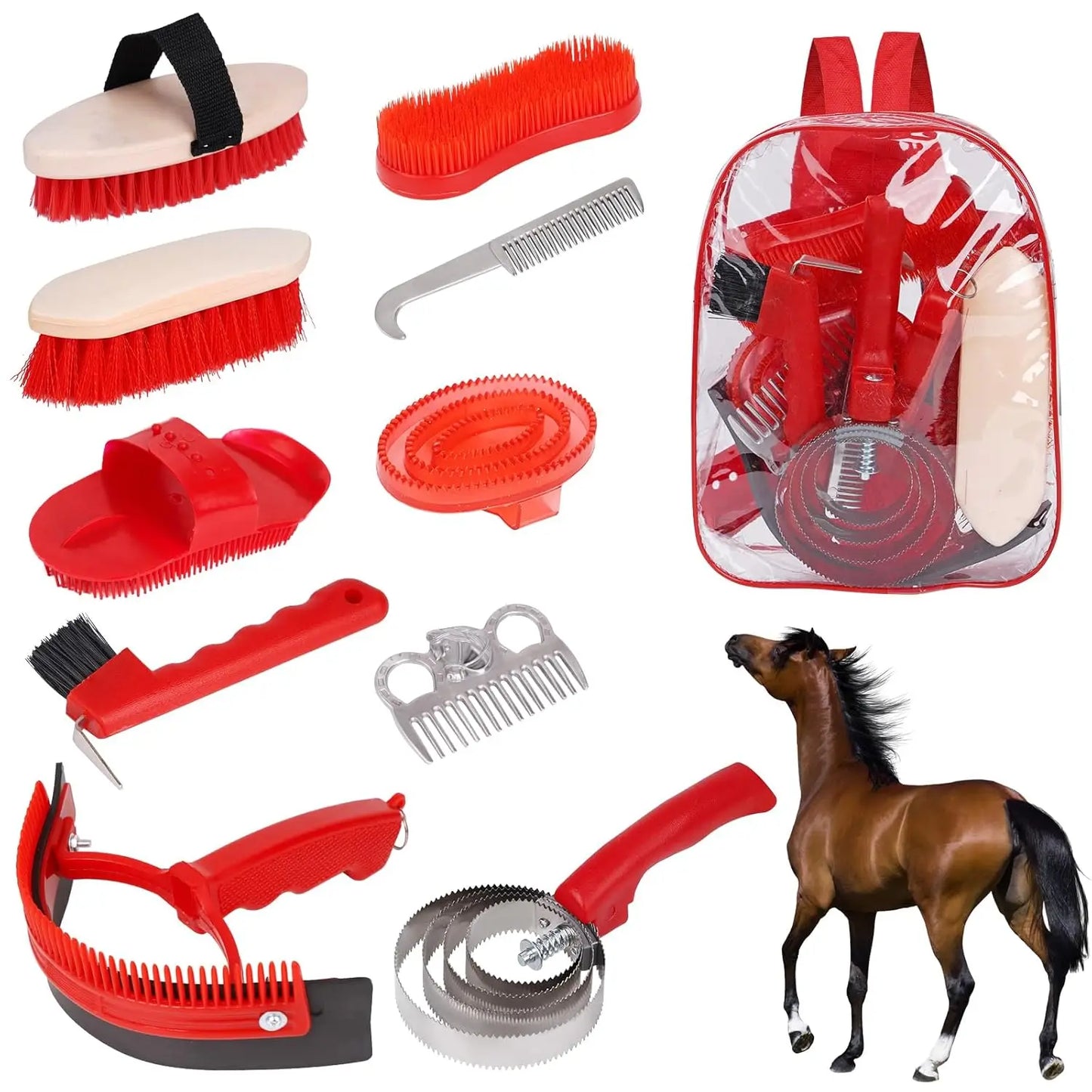 Horse Grooming Kit with Brushes,10 Pcs Horse Cleaning Tool Set with Tote Bag