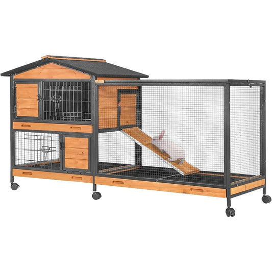 Rabbit Hutch with Chew-Resistant Metal Frame with Wheels and Leak proof Tray