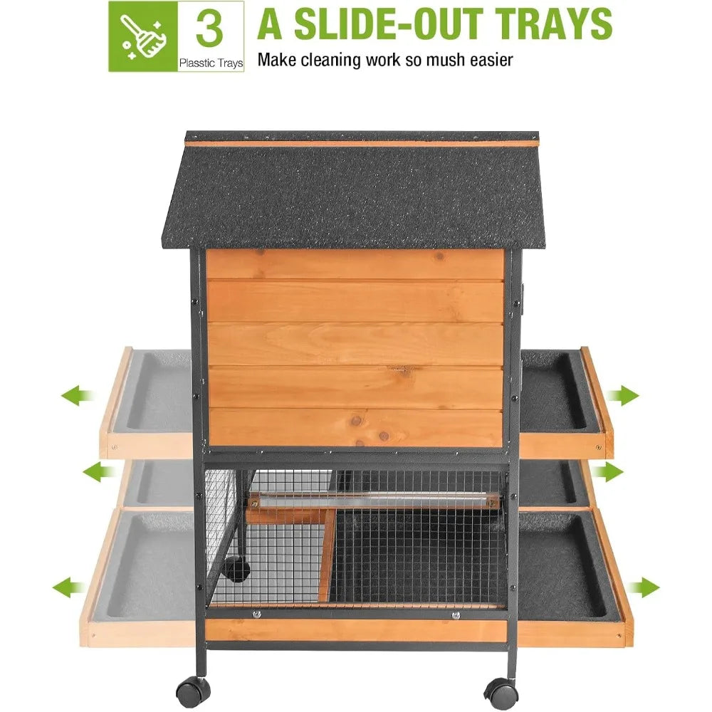 Rabbit Hutch with Chew-Resistant Metal Frame with Wheels and Leak proof Tray