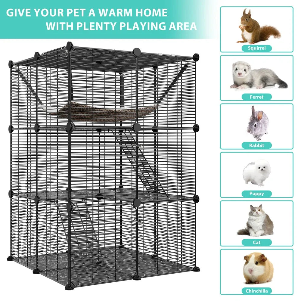 3-Tiers Cat Cage Enclosure Metal Wire Kennel Playpen w/ Hammock for 1-2 Cats