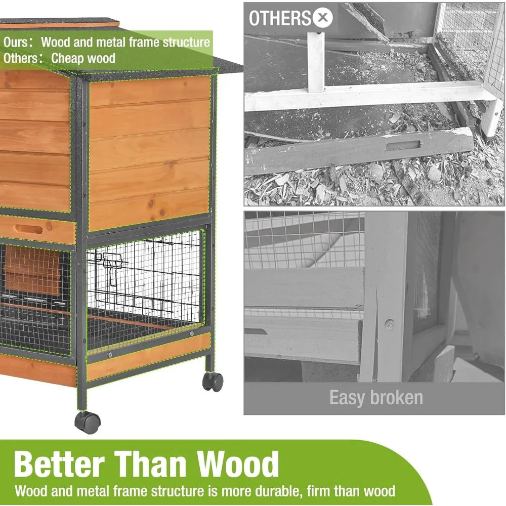 Rabbit Hutch with Chew-Resistant Metal Frame with Wheels and Leak proof Tray