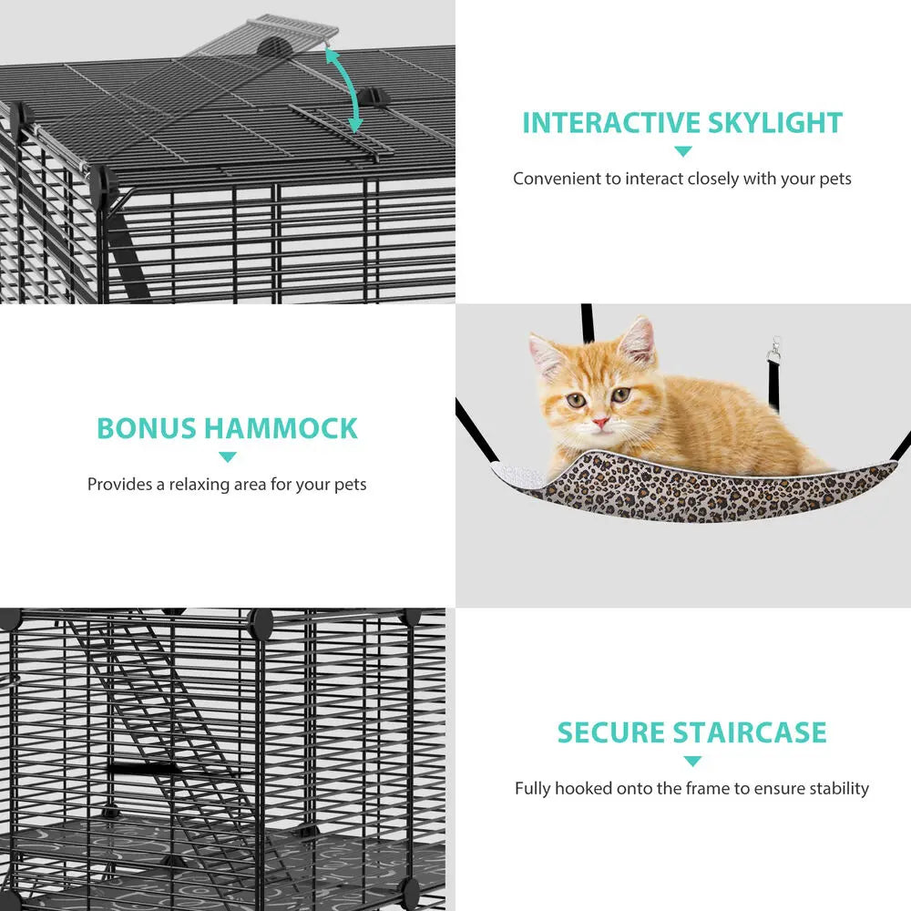 3-Tiers Cat Cage Enclosure Metal Wire Kennel Playpen w/ Hammock for 1-2 Cats