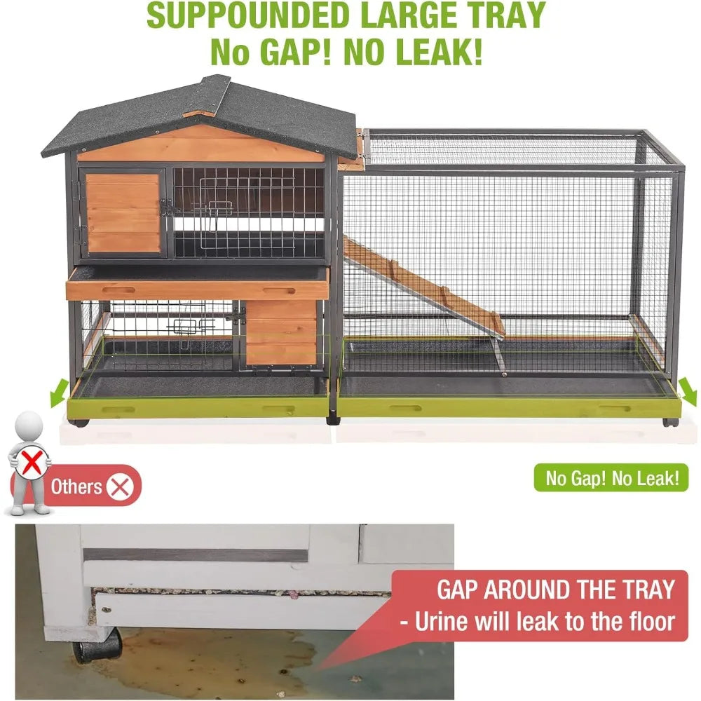 Rabbit Hutch with Chew-Resistant Metal Frame with Wheels and Leak proof Tray