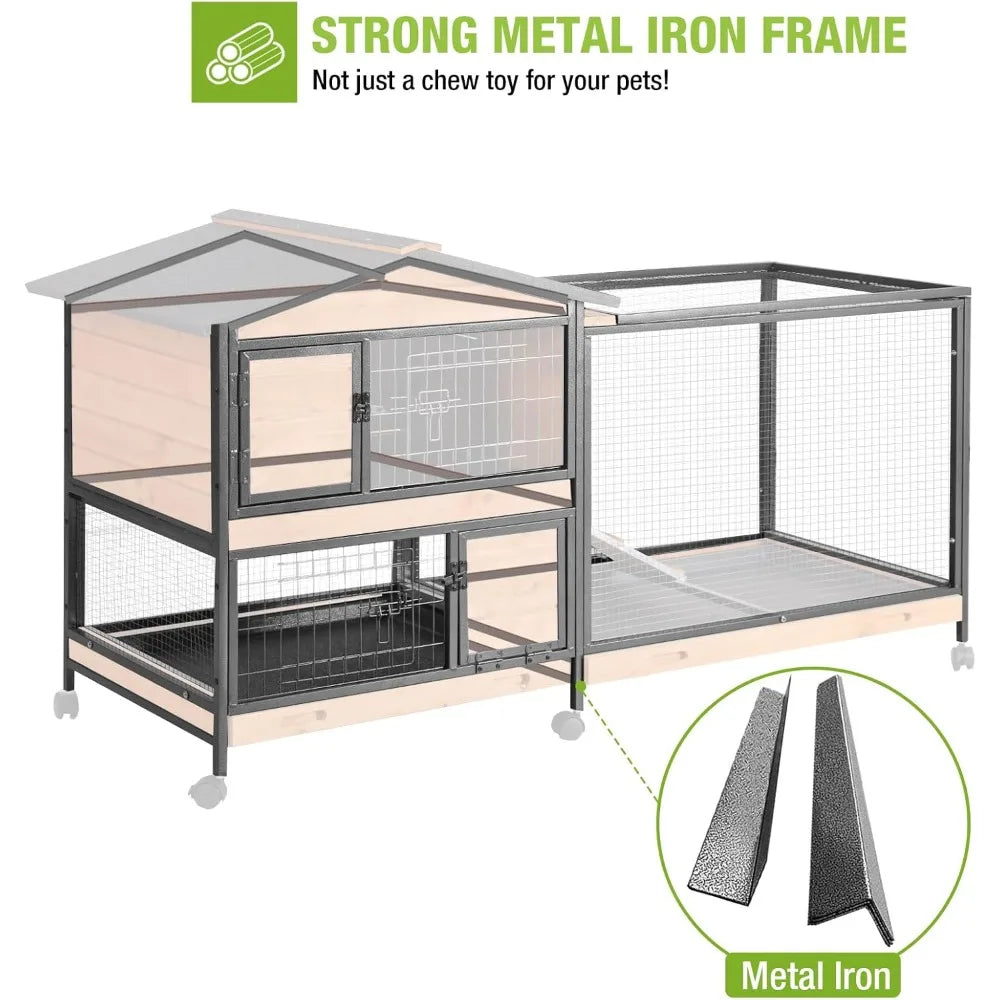Rabbit Hutch with Chew-Resistant Metal Frame with Wheels and Leak proof Tray