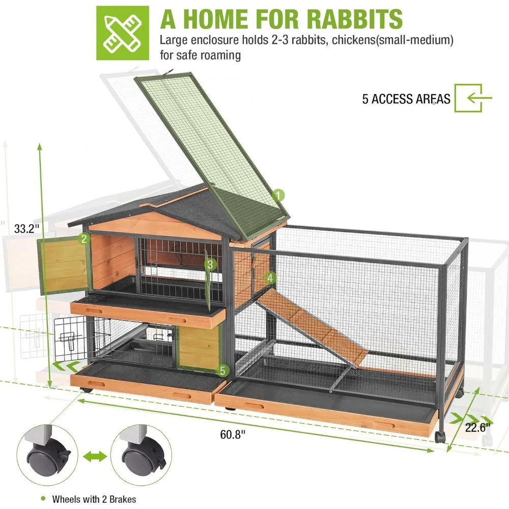Rabbit Hutch with Chew-Resistant Metal Frame with Wheels and Leak proof Tray