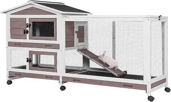 Rabbit Hutch with Chew-Resistant Metal Frame with Wheels and Leak proof Tray
