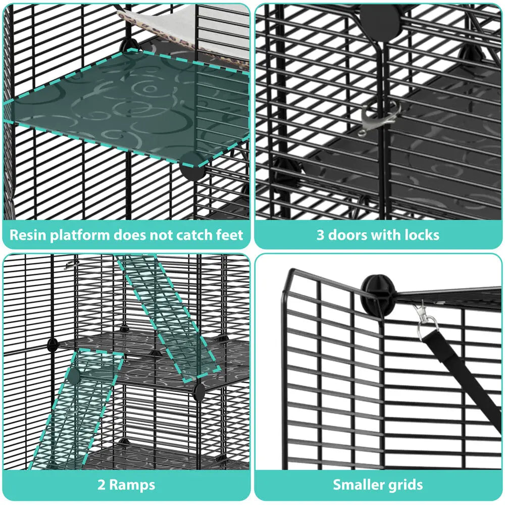 3-Tiers Cat Cage Enclosure Metal Wire Kennel Playpen w/ Hammock for 1-2 Cats