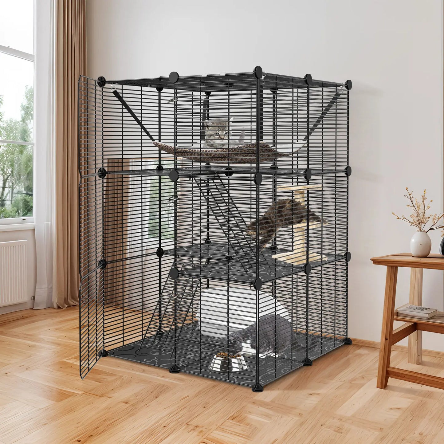 3-Tiers Cat Cage Enclosure Metal Wire Kennel Playpen w/ Hammock for 1-2 Cats