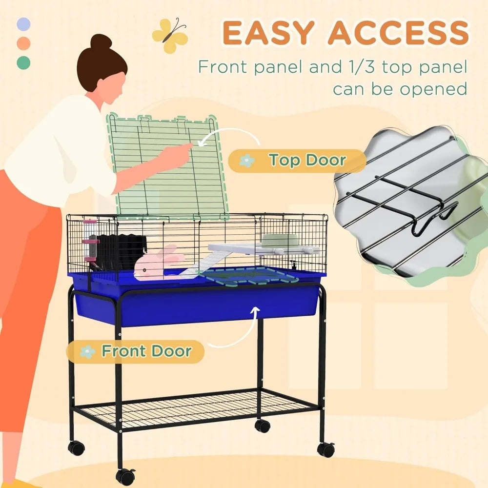 Two-Story Habitat with Removable Stand, Wheeled Cage for Guinea Pigs, Hedgehogs, and Chinchillas