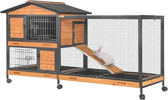 Rabbit Hutch with Chew-Resistant Metal Frame with Wheels and Leak proof Tray